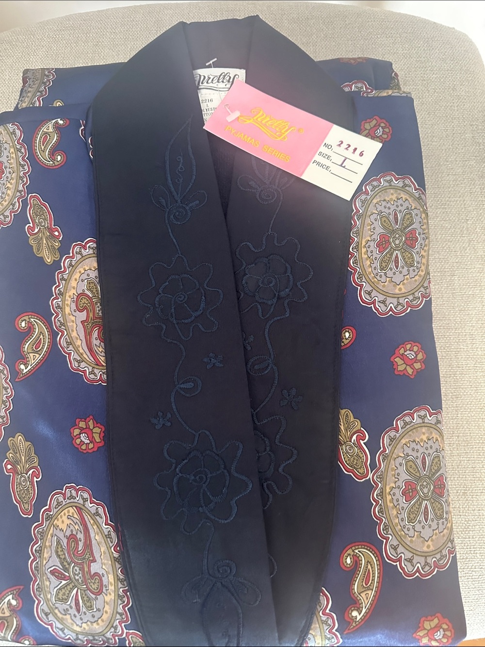 ePretty Navy Paisley Men’s Lounge Robe with Black Embroidered Shawl Collar